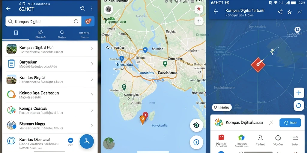 Screenshot utama aplikasi 62HOT yang menunjukkan fungsi kompas digital.