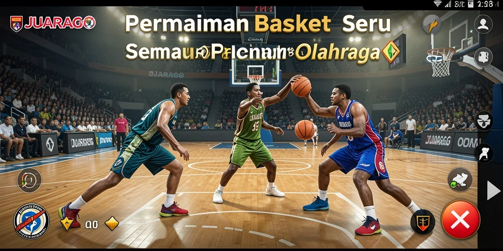 Tampilan antarmuka JUARAGO dengan pemain basket dalam aksi.